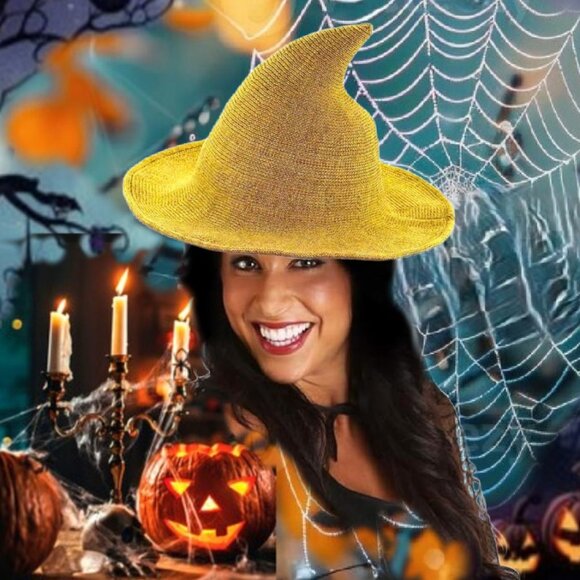 Wizard Witch Foldable Pointed Top Halloween Hats SET of 2 (Purple & Yellow) NEW - Picture 2 of 5